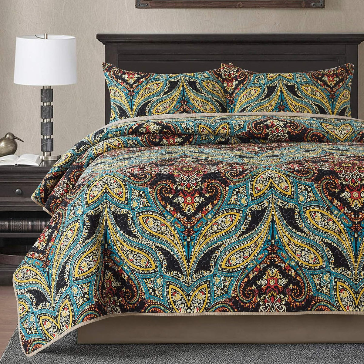 Cotton Bedspread Quilt Set, Reversible Patchwork Coverlet, Floral Pattern H52511