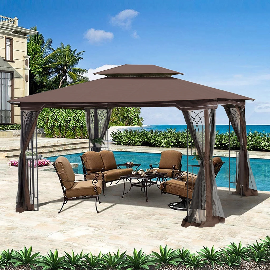 Brown Top Outdoor Patio Gazebo Canopy Tent With Ventilated Double Roof And Mosquito Net E5213