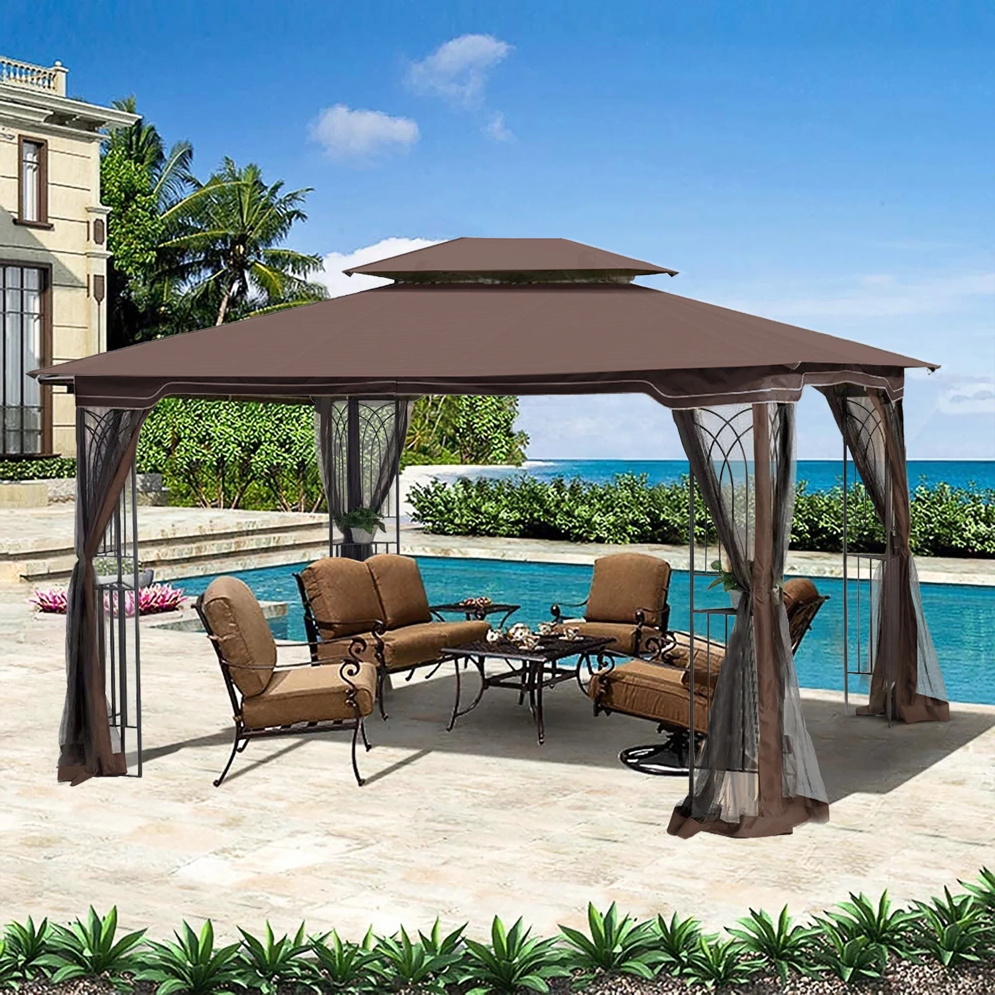 Brown Top Outdoor Patio Gazebo Canopy Tent With Ventilated Double Roof And Mosquito Net E5213