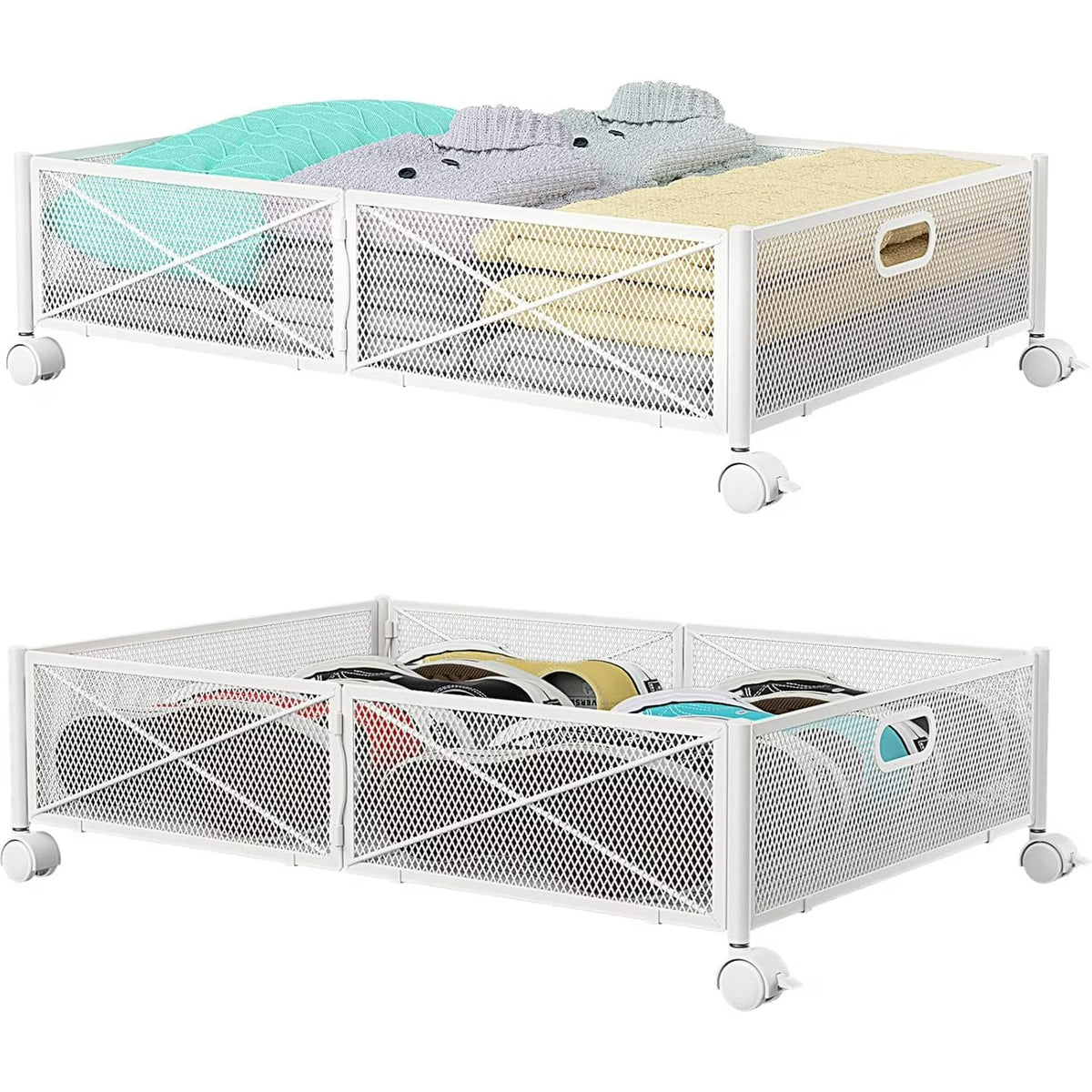 Under Bed Storage Containers with Wheels, Under Bed Shoe Storage Organizer Drawer, Tool-free Assembly Metal Storage Containers for Bedroom Clothes Shoes Blankets -2PCK