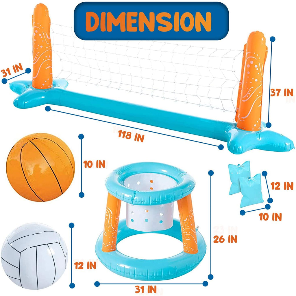 2-in-1 Inflatable Floating Pool Volleyball Basketball Game Set with Weight Bags, Light Blue G6829