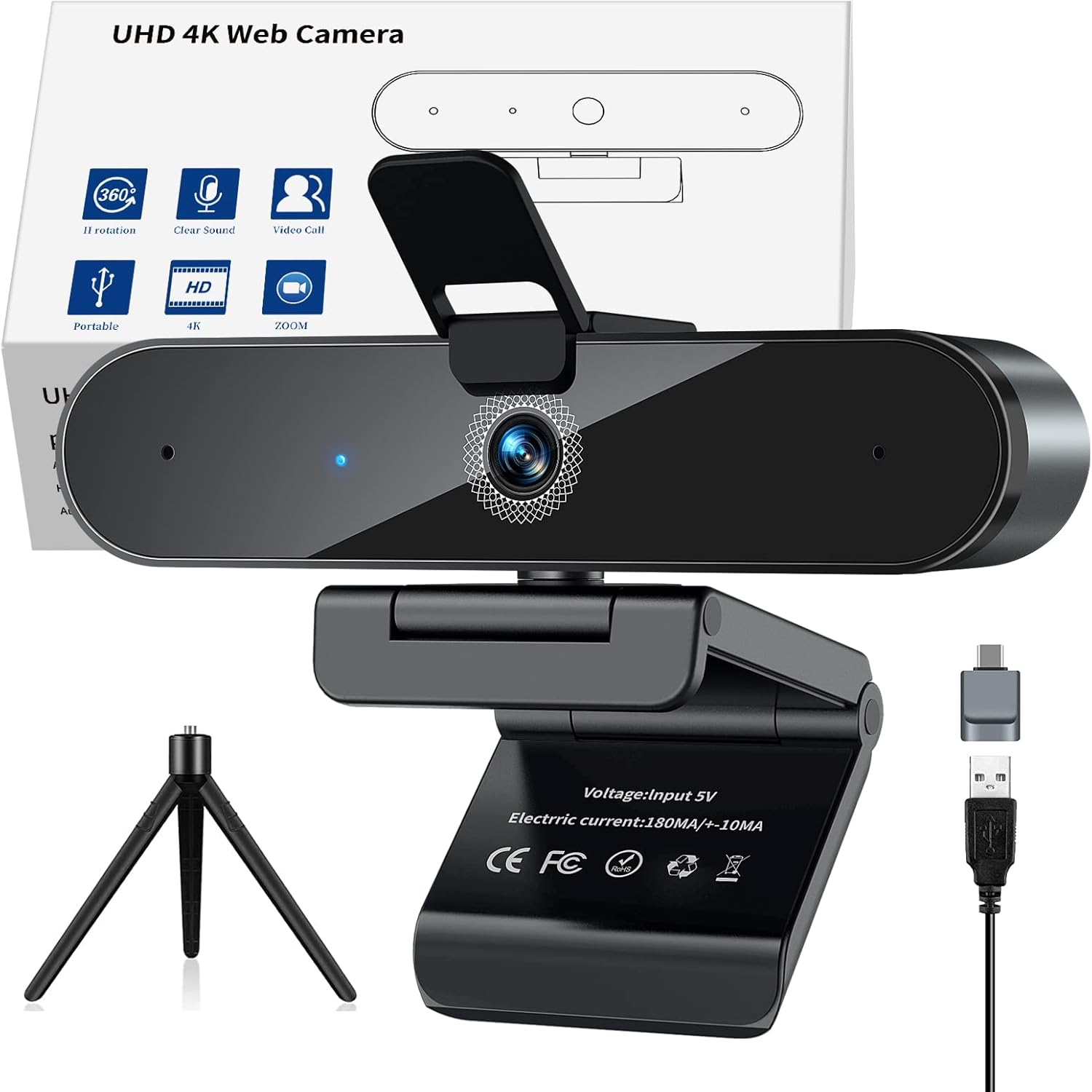 4K Webcam with Microphone, Autofocus, Privacy Cover and Tripod O42576