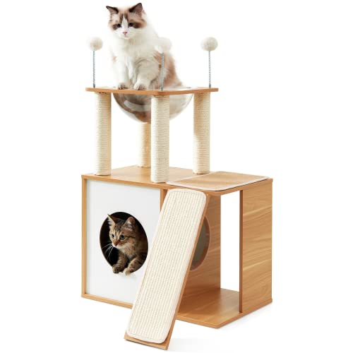 48.6" Wood Cat Tree with Litter Box Enclosure and Scratching Post C155106