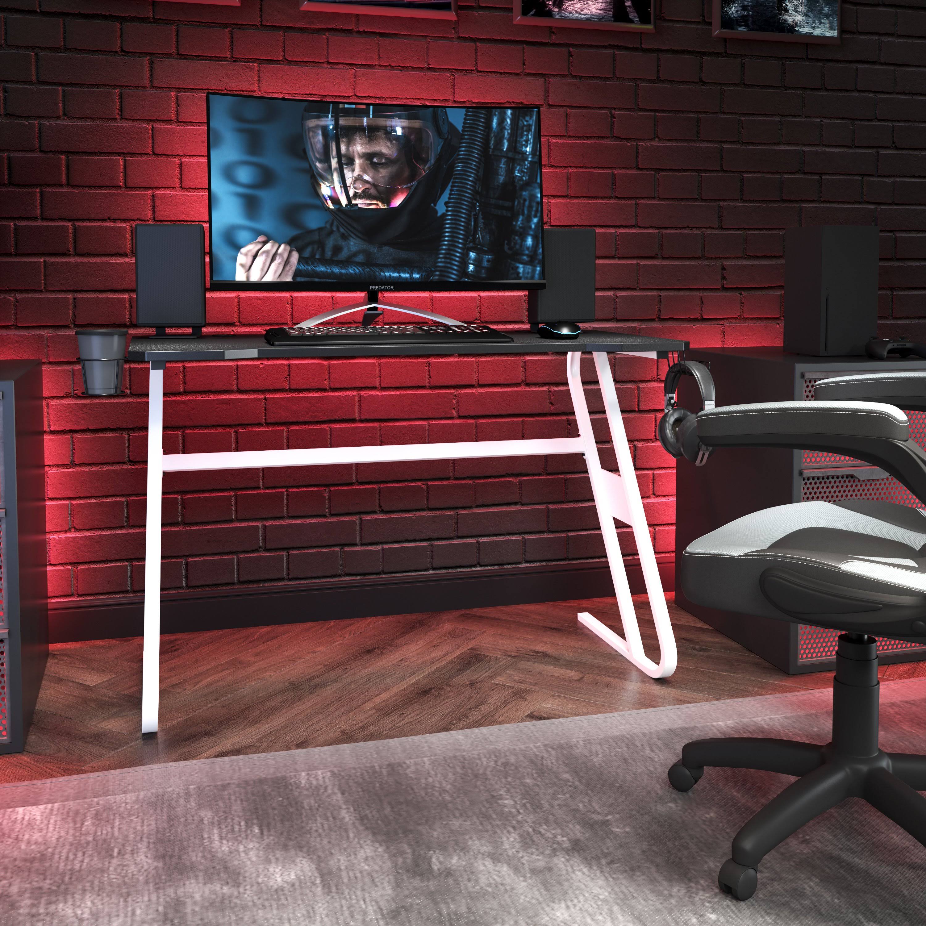 White Ergonomic Gaming Desk with Cup Holder and Headphone Hook E324546