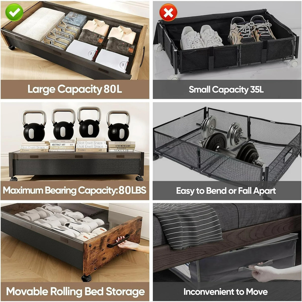 Under Bed Storage with Wheels, 2 Pack Rolling Metal Drawer for Clothes M92727