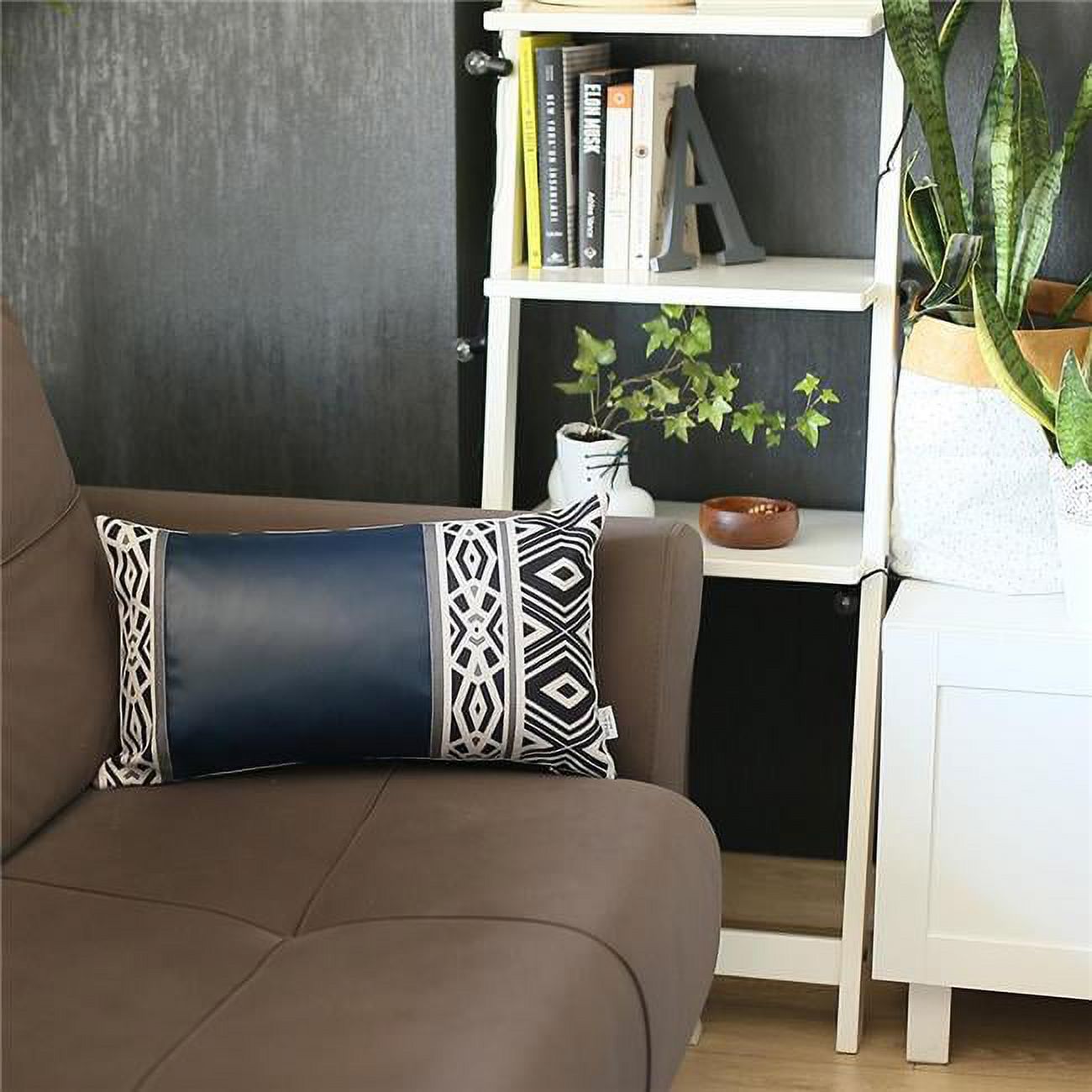 Blue Faux Leather Bohemian Lumbar Throw Pillow S9585