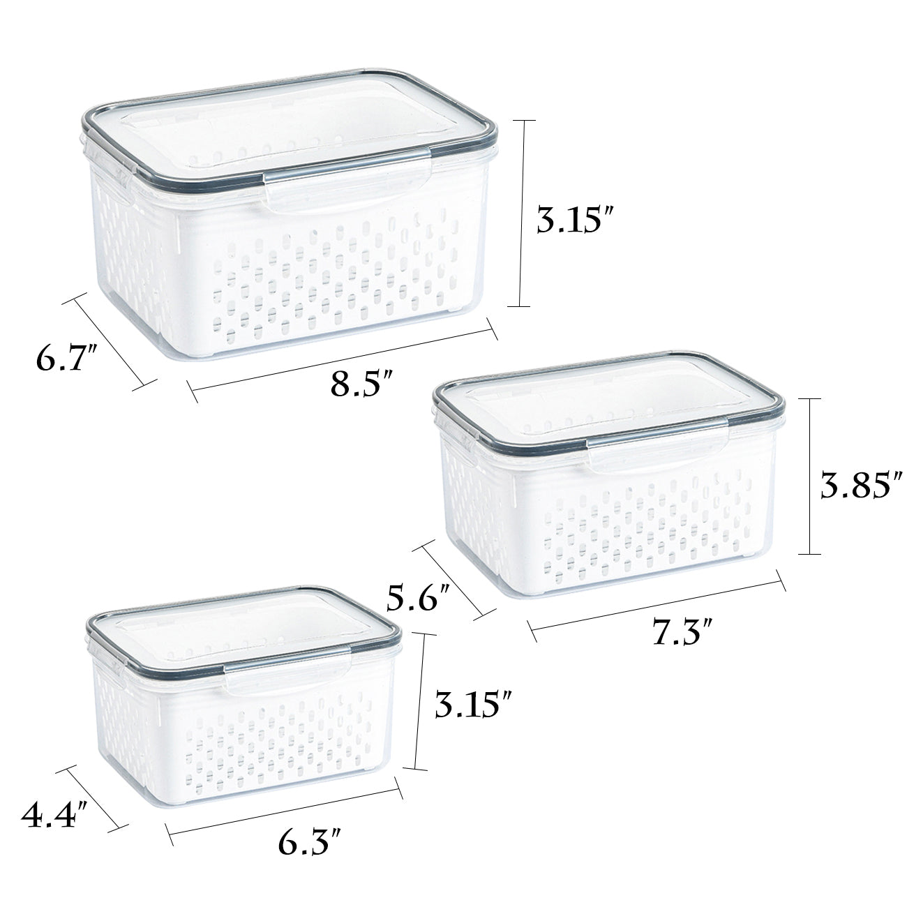 3 Pack Refrigerator Organizer Food Containers with Lids and Drain Colanders H169