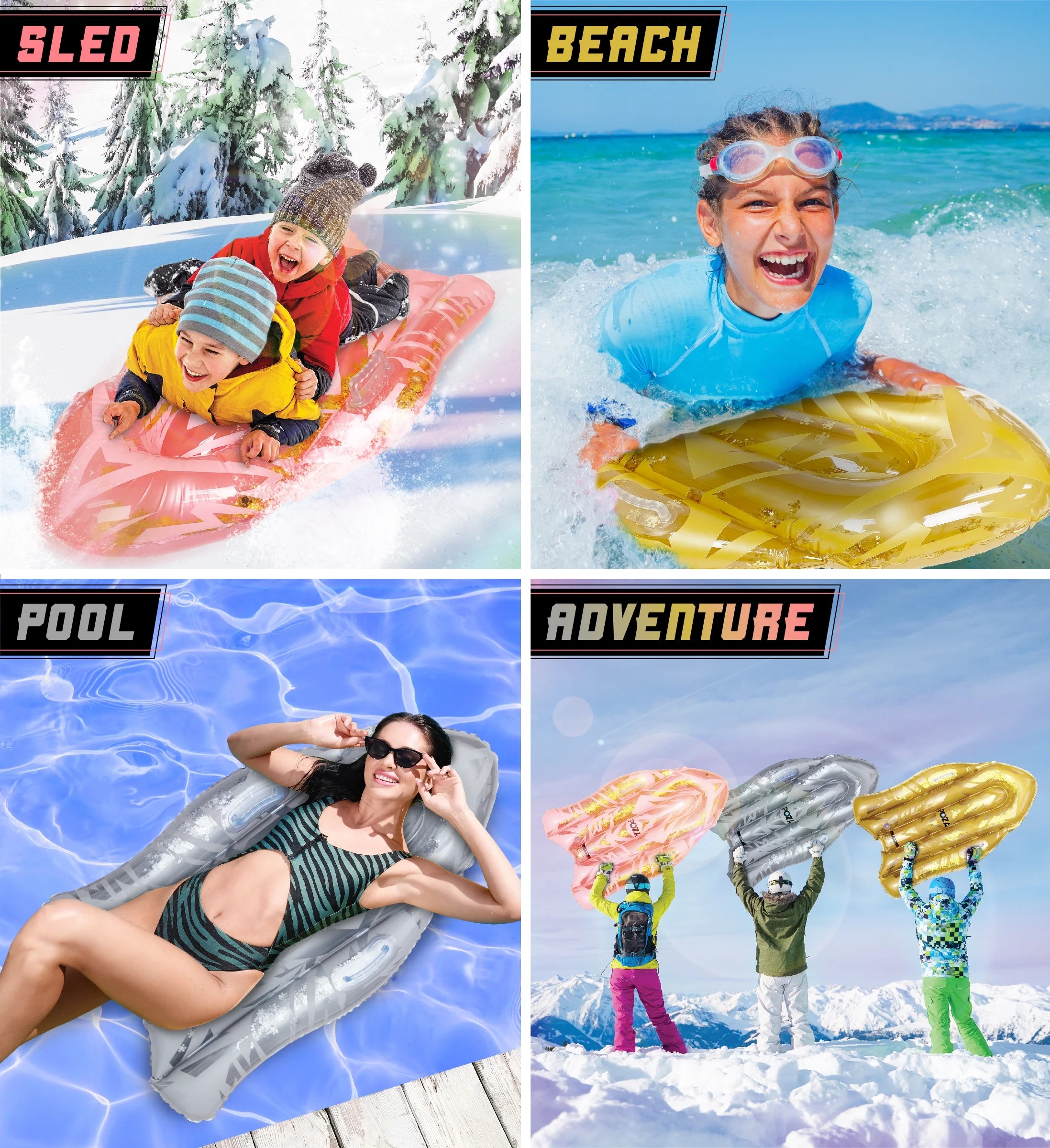 Inflatable Snow Sled Set of 3, Rose Gold, Gold, and Silver, 44 Inch T398