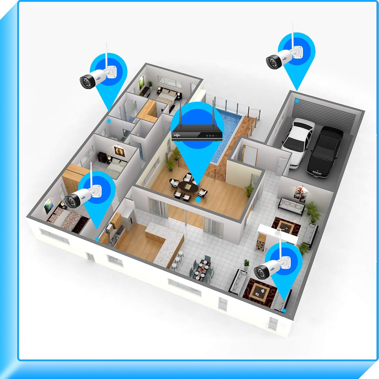 Wireless Security Camera System, 1TB Hard Drive, 3 Megapixels, 8CH NVR, IP66 Waterproof C596