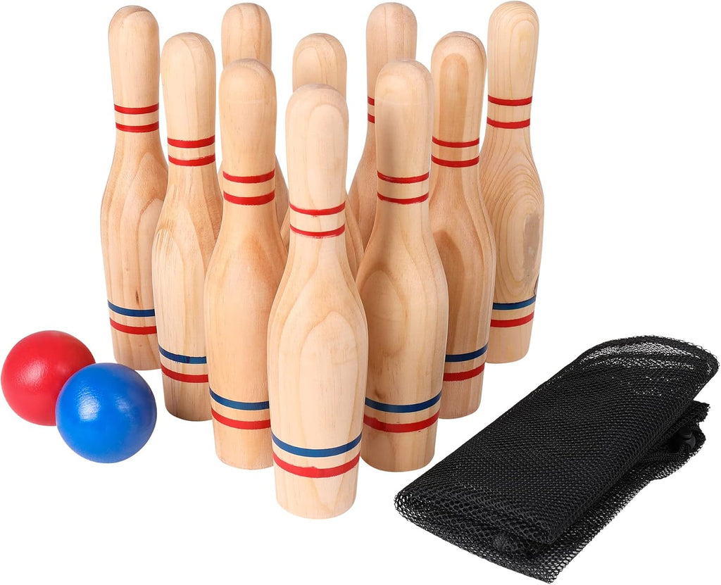11 Pins Wooden Lawn Bowling Skittles Set with Carrying Mesh Bag N880