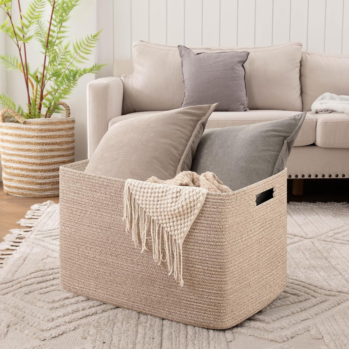 Cotton Rope Storage Basket, Oversized Blanket Basket, 25 x 17 x 16 Inches, White F73525