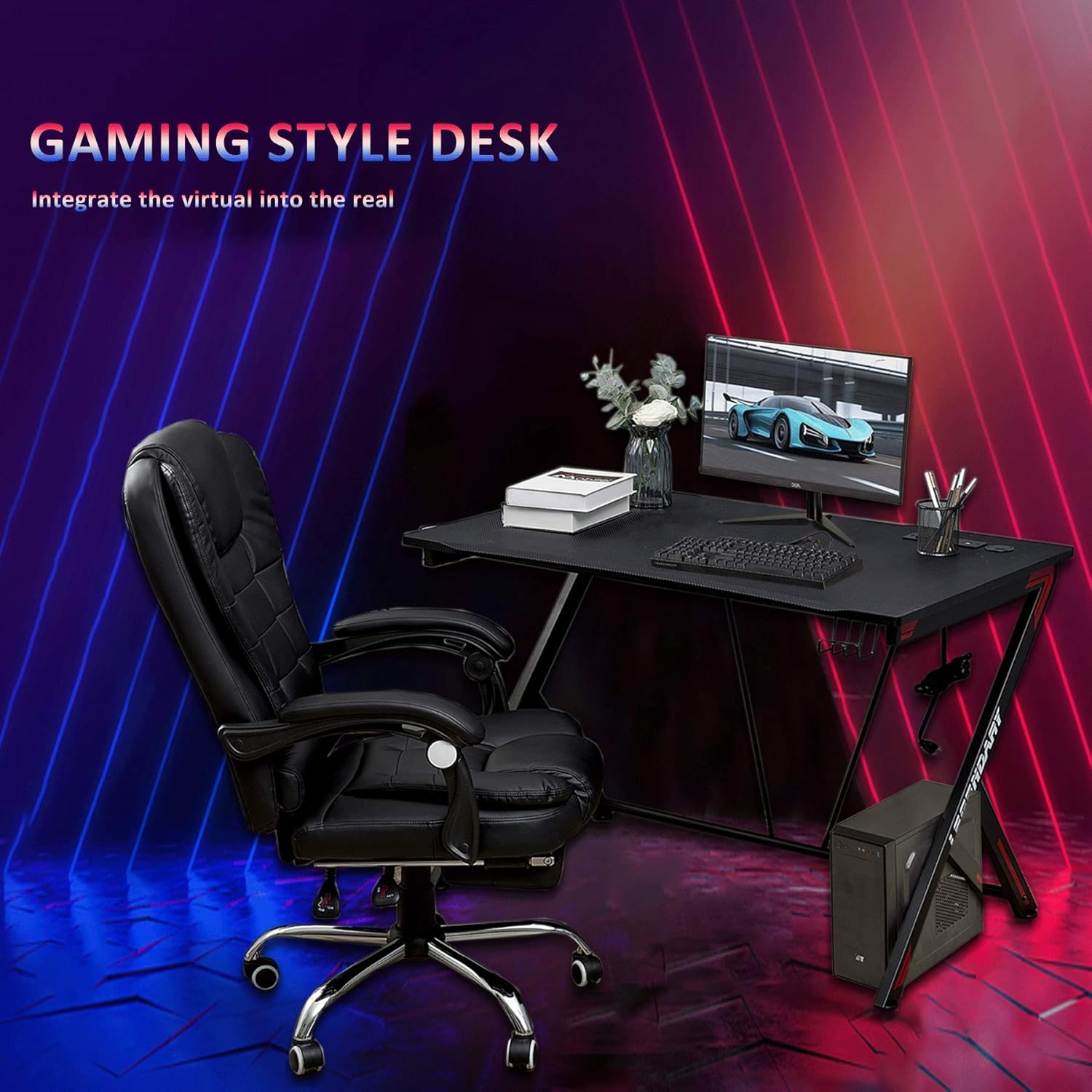 45 inch Carbon Fiber Gaming Desk with Headphone Hook, Cup Holder and Cable Management Holes V24036