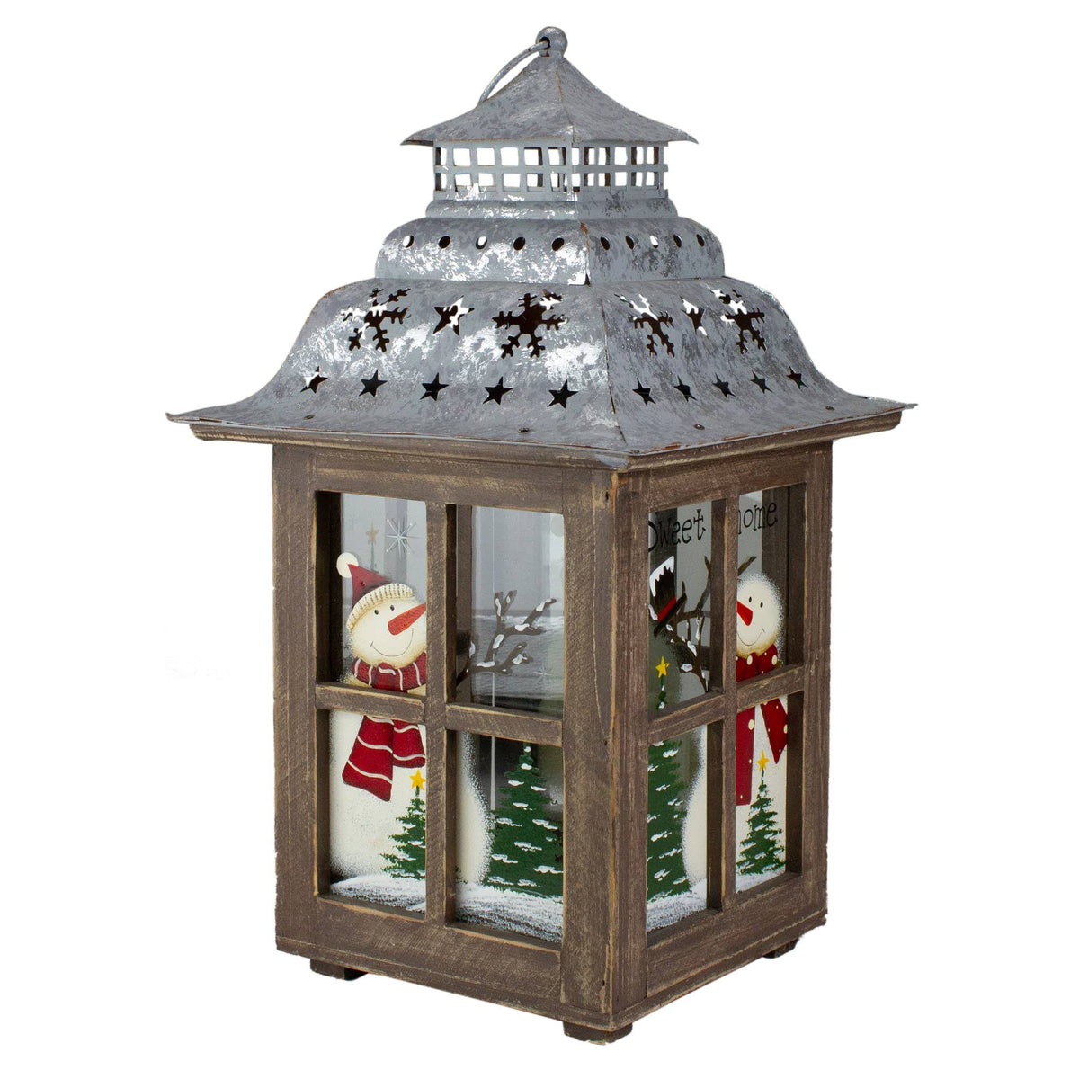 Rustic Wooden Snowman Holiday Scene Christmas Pillar Candle Lantern K434