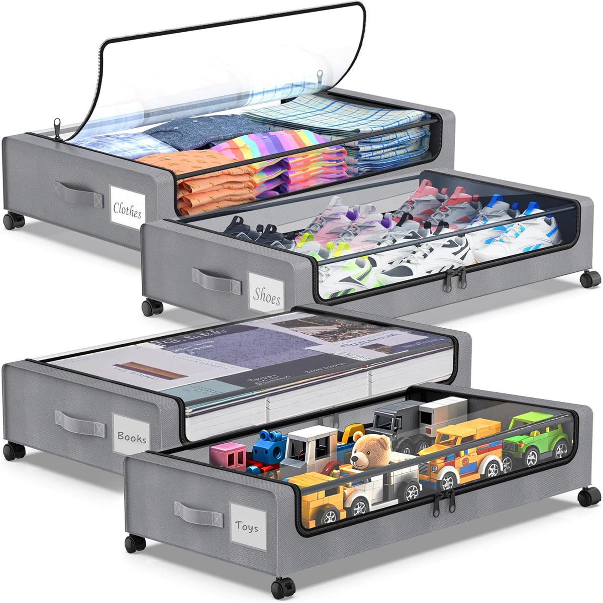 Under Bed Storage with Wheels, 4-Pack Under Bed Storage Containers with Clear Lids, XXL 60L Under the bed storage Organizer Bins, Rolling Under Bed Metal Drawer for Clothes,Shoes,Toys (Gray)