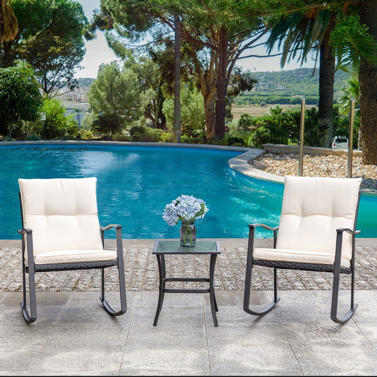 3 Piece Beige Outdoor Rocking Chair Set J21079
