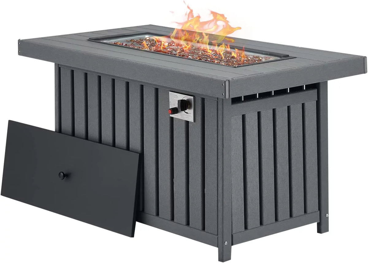 43 Inch HDPE Propane Fire Pit Table with Lid and Fire Glass, Gray E1551