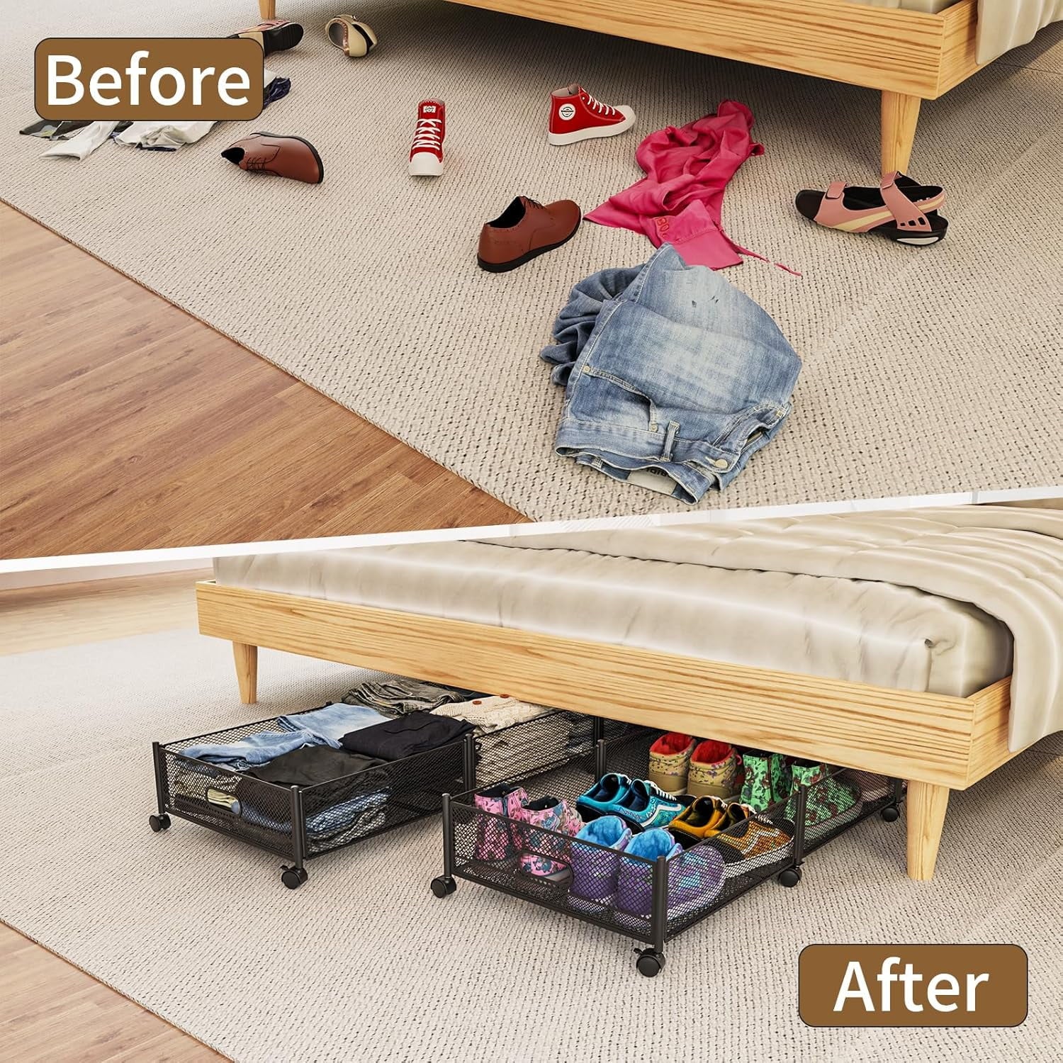 Under Bed Storage on Wheels, Large Capacity Rolling Containers, Foldable Drawers W803948