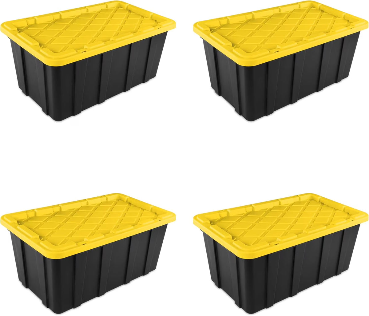 38 Gal Industrial Tote, Stackable Storage Bin with Snap-Fit Lid for Garage, Basement &amp; Attic Storage,  4-Pack