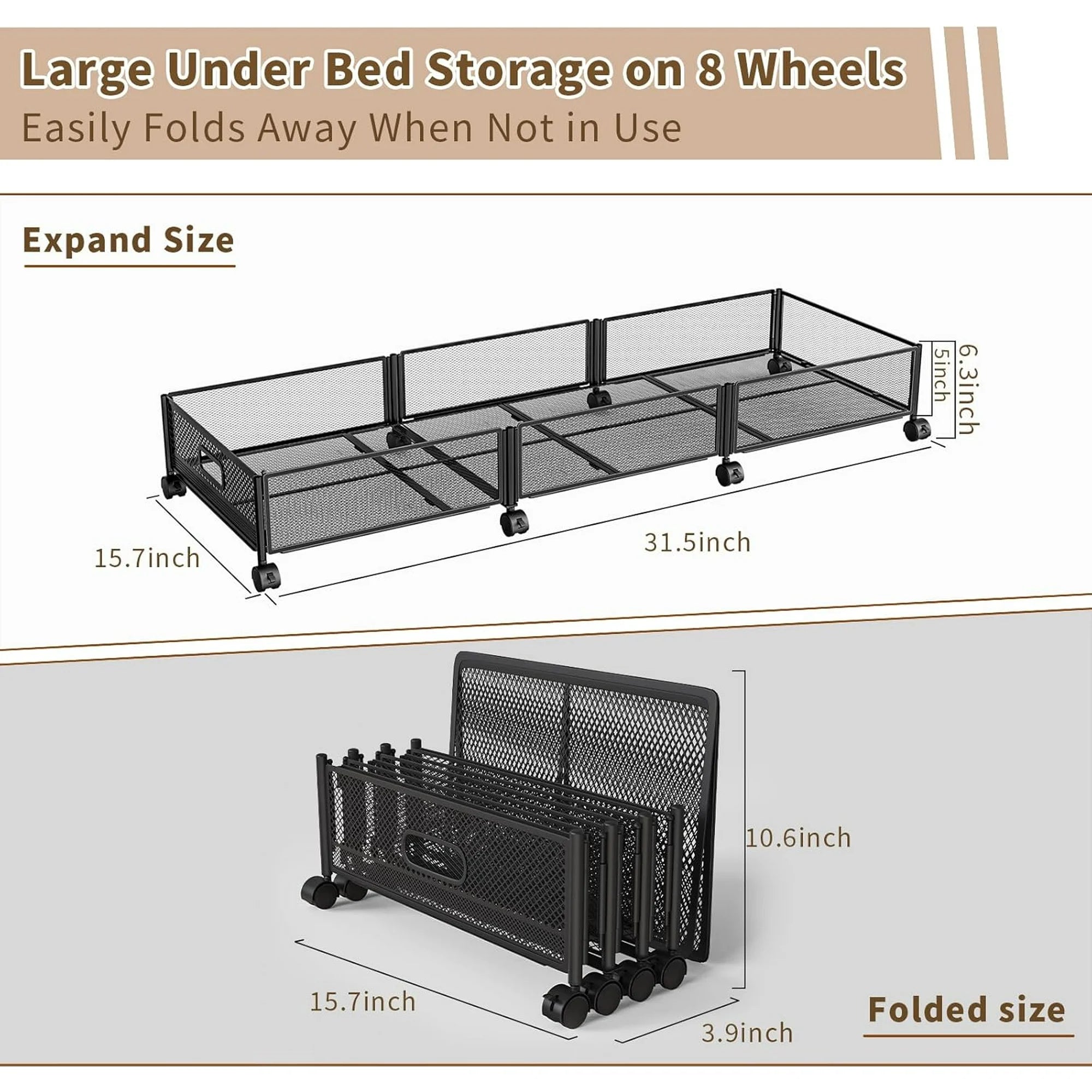 Under Bed Storage on Wheels, Large Capacity Rolling Containers, Foldable Drawers W803948