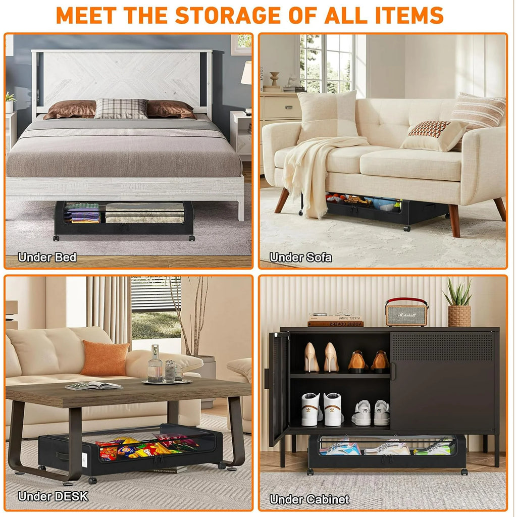 Under Bed Storage with Wheels, 2-Pack Clear Lid Containers, Rolling Metal Drawer Y70361