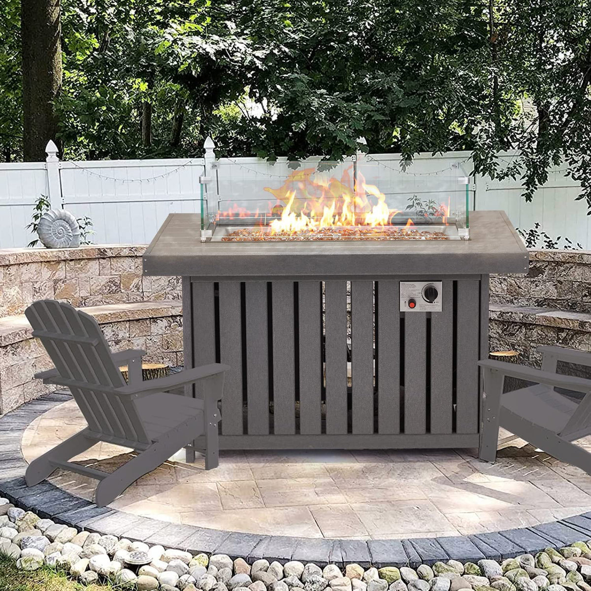 43 Inch HDPE Propane Fire Pit Table with Lid and Fire Glass, Gray E1551