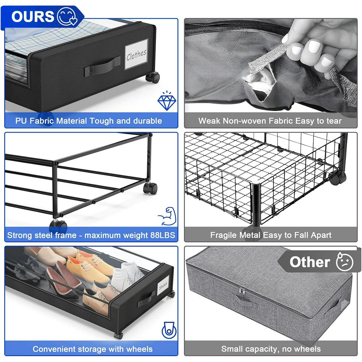 Under Bed Storage Containers with Wheels and Clear Lids, 60L, Black E9843