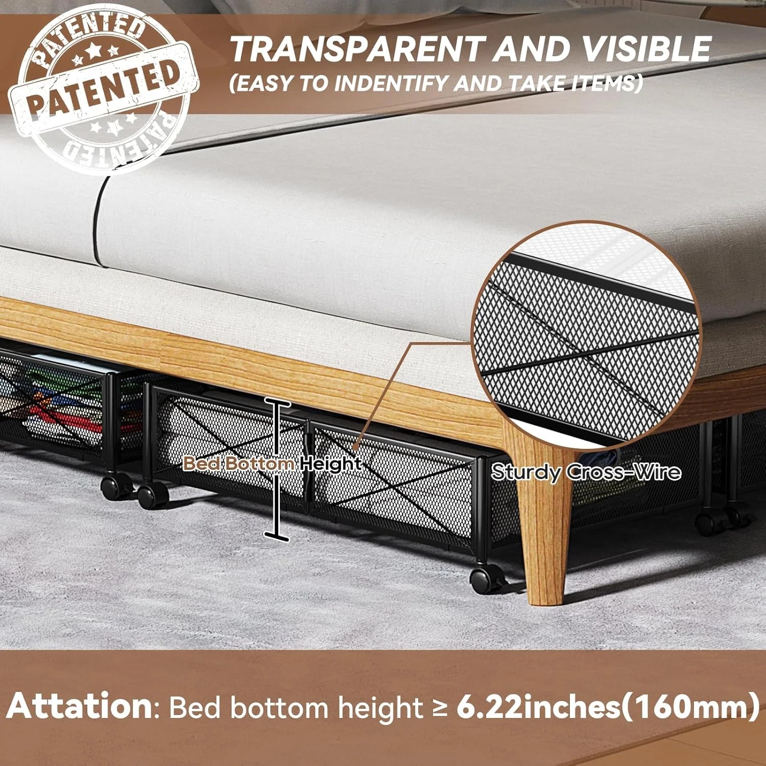 Under Bed Storage Containers with Wheels, Shoe Organizer Drawer, Metal Storage for Clothes Shoes Blankets V749978