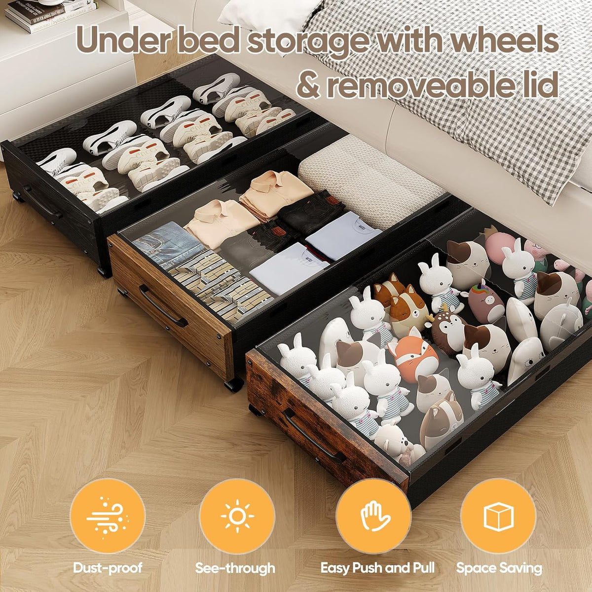 Under Bed Storage Bins with Wheels, 2 Pack, Removable Lid F871