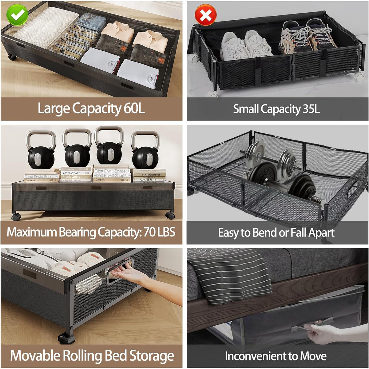 Under Bed Storage with Wheels, 2 Pack Rolling Metal Drawer for Clothes M92727