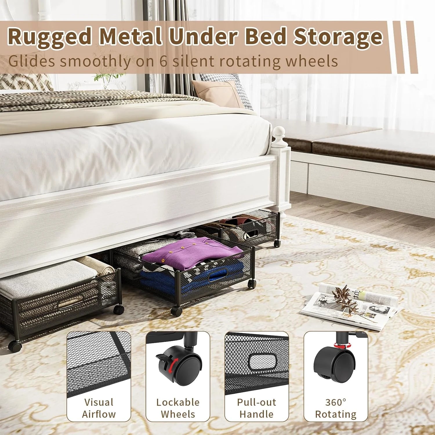 Under Bed Storage on Wheels, Large Capacity Rolling Containers, Foldable Drawers Y925938