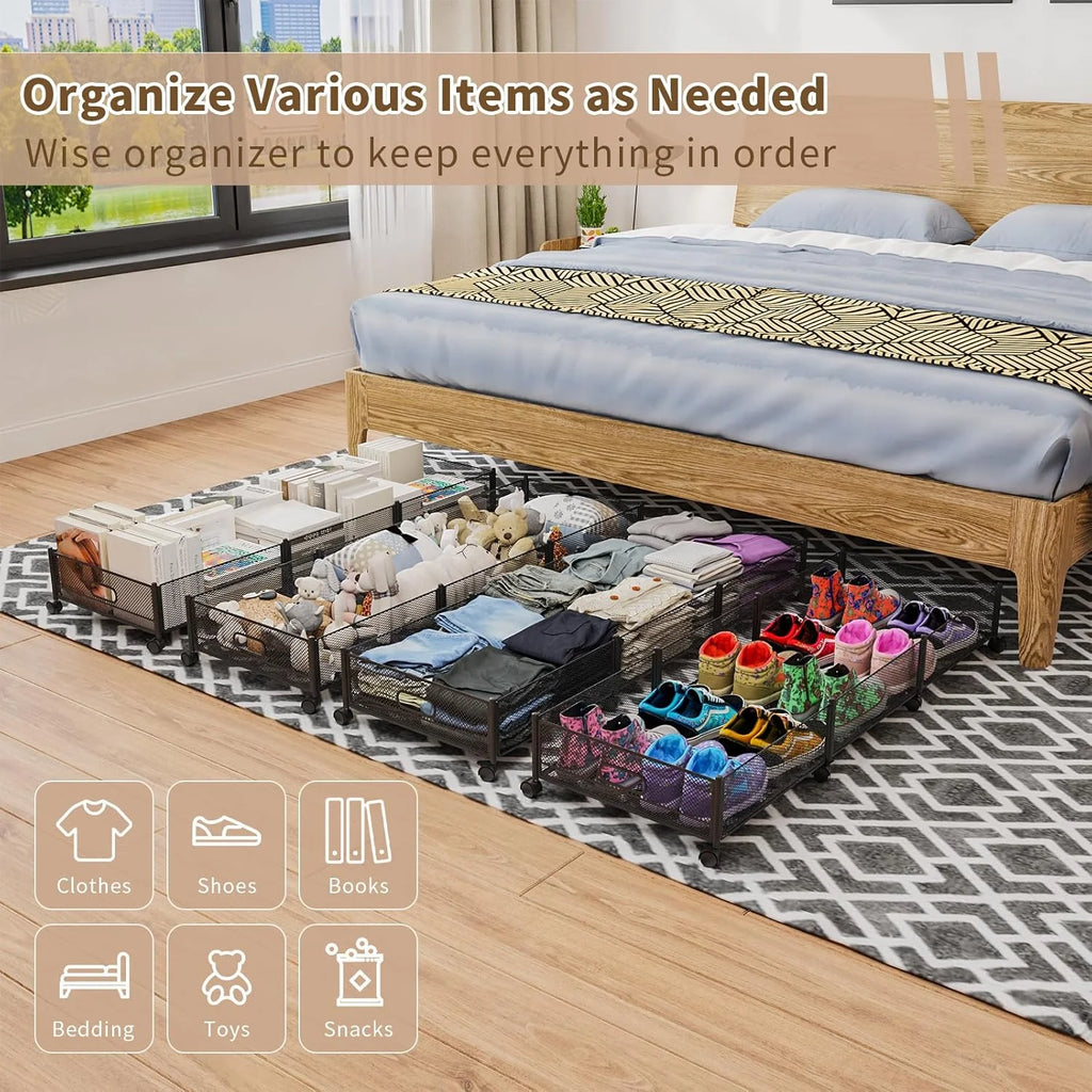 Under Bed Storage on Wheels, Large Capacity Rolling Containers, Foldable Drawers W803948