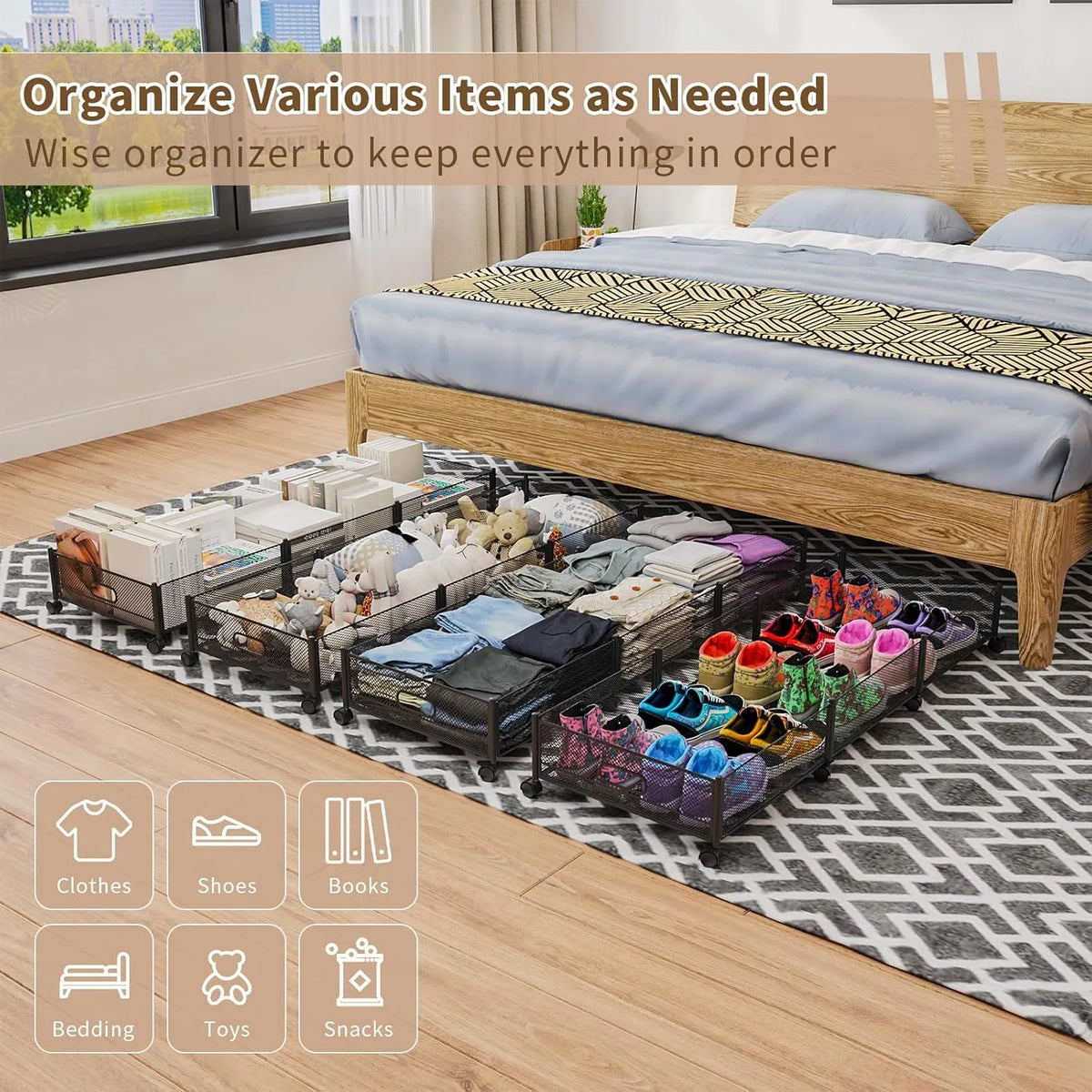 Under Bed Storage on Wheels, Large Capacity Rolling Containers, Foldable Drawers W803948