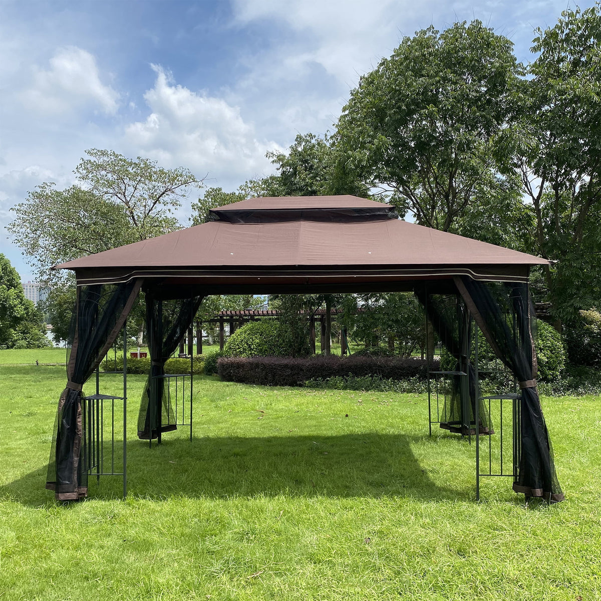 Brown Top Outdoor Patio Gazebo Canopy Tent With Ventilated Double Roof And Mosquito Net E5213