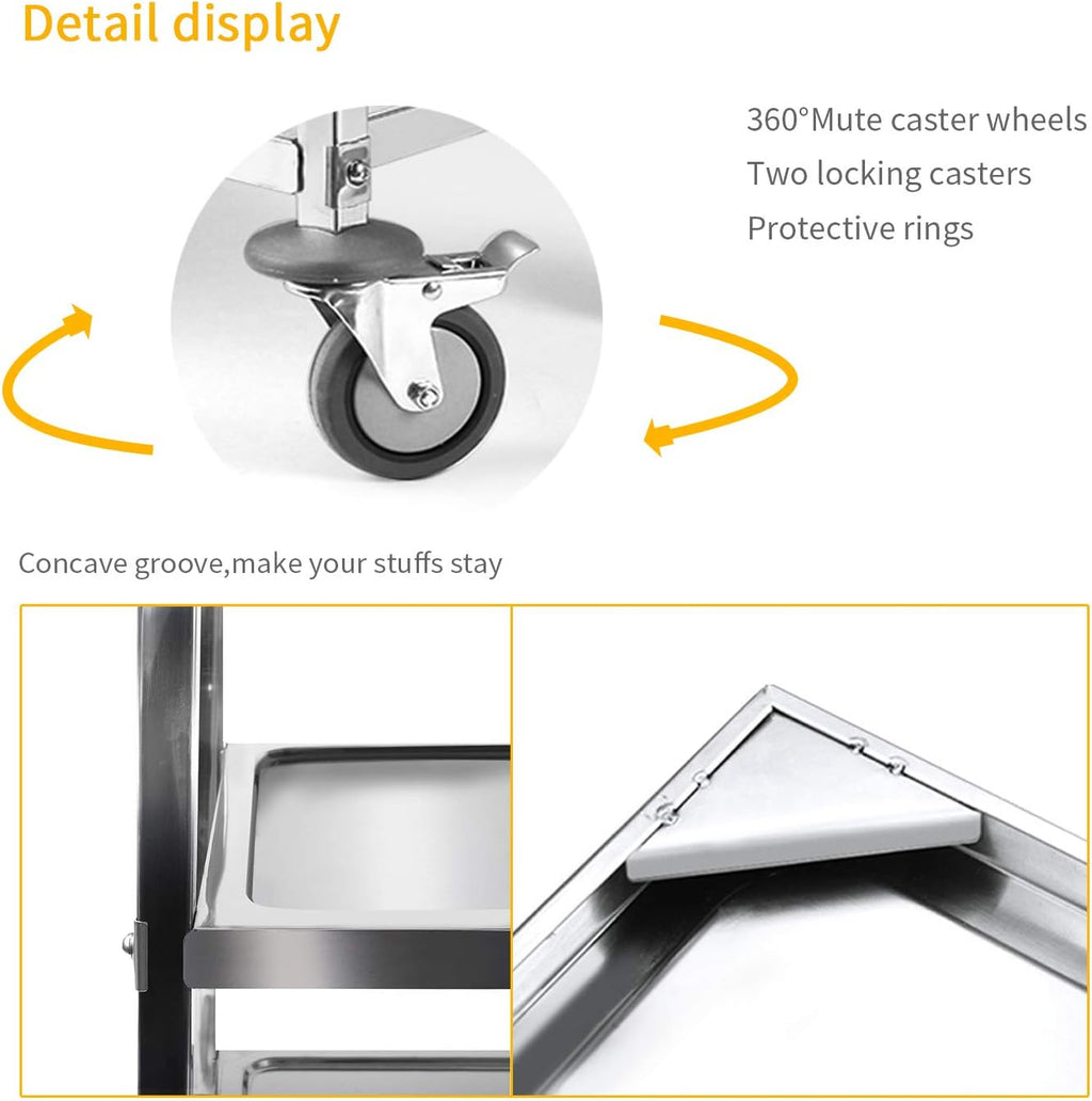 Large 3 Tier Stainless Steel Utility Rolling Cart with Locking Wheels H3359
