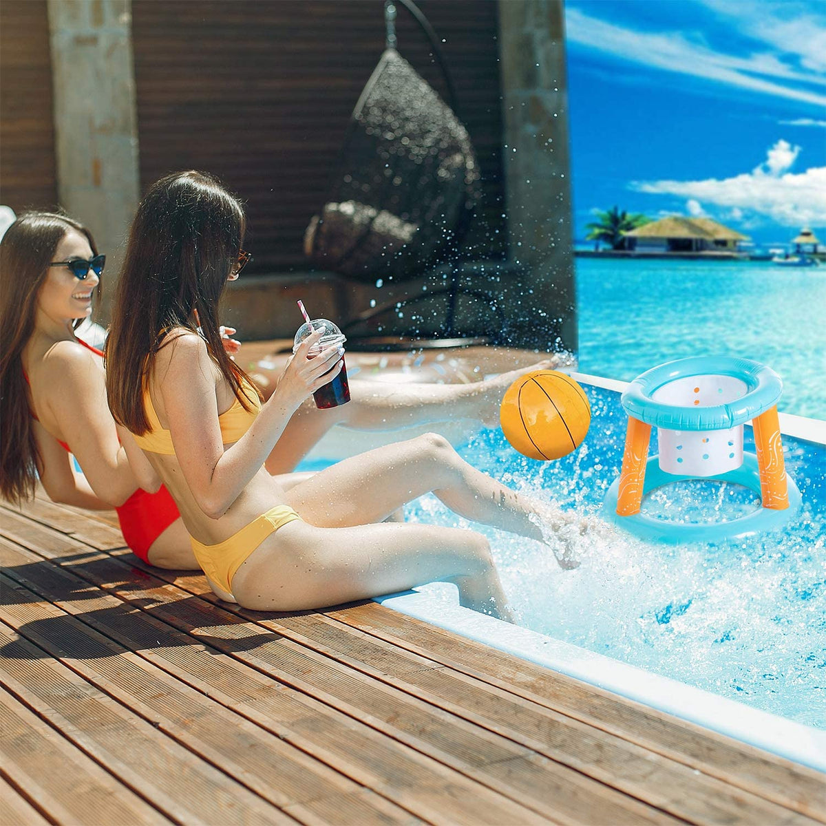2-in-1 Inflatable Floating Pool Volleyball Basketball Game Set with Weight Bags, Light Blue G6829