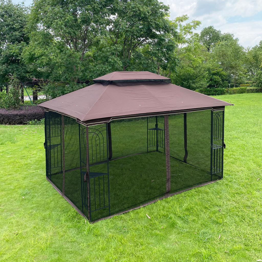 Brown Top Outdoor Patio Gazebo Canopy Tent With Ventilated Double Roof And Mosquito Net E5213