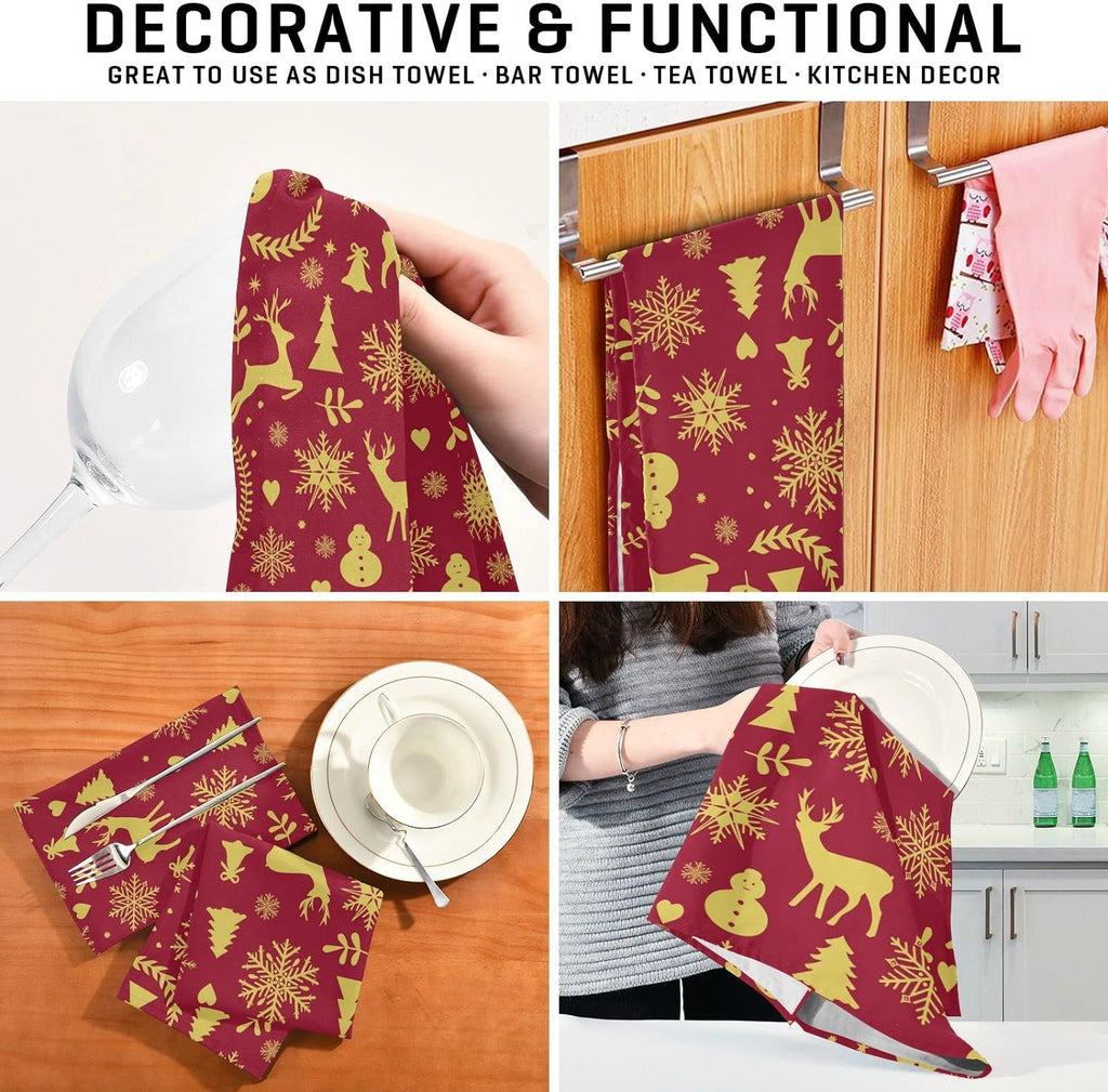 Reindeer Bells Snowflakes Kitchen Towels Set of 4 Ultra Absorbent 28'' x 18'' O397138