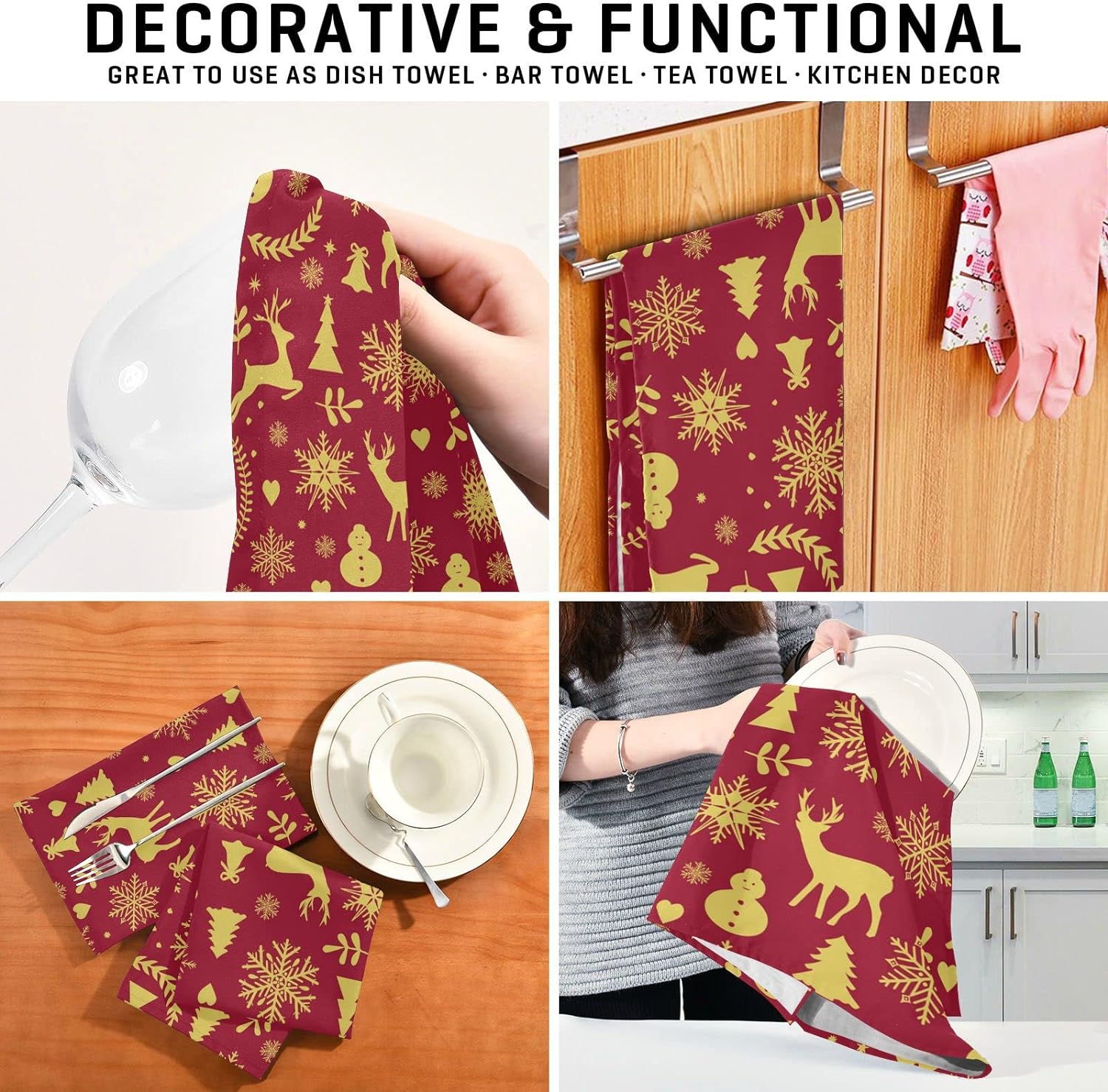 Reindeer Bells Snowflakes Kitchen Towels Set of 4 Ultra Absorbent 28'' x 18'' O397138