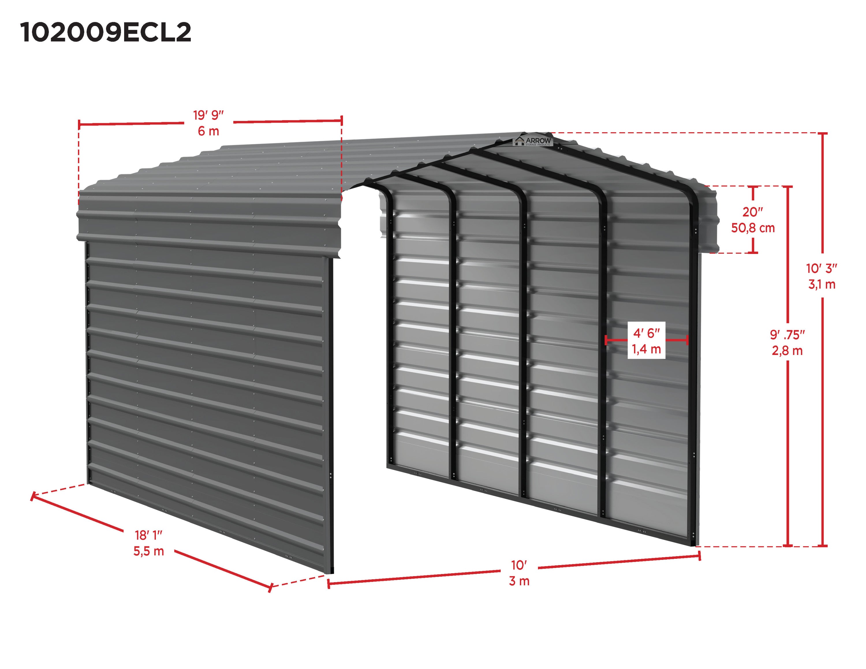 Galvanized Steel Carport Kit, 10' x 20' x 9', Charcoal N56773