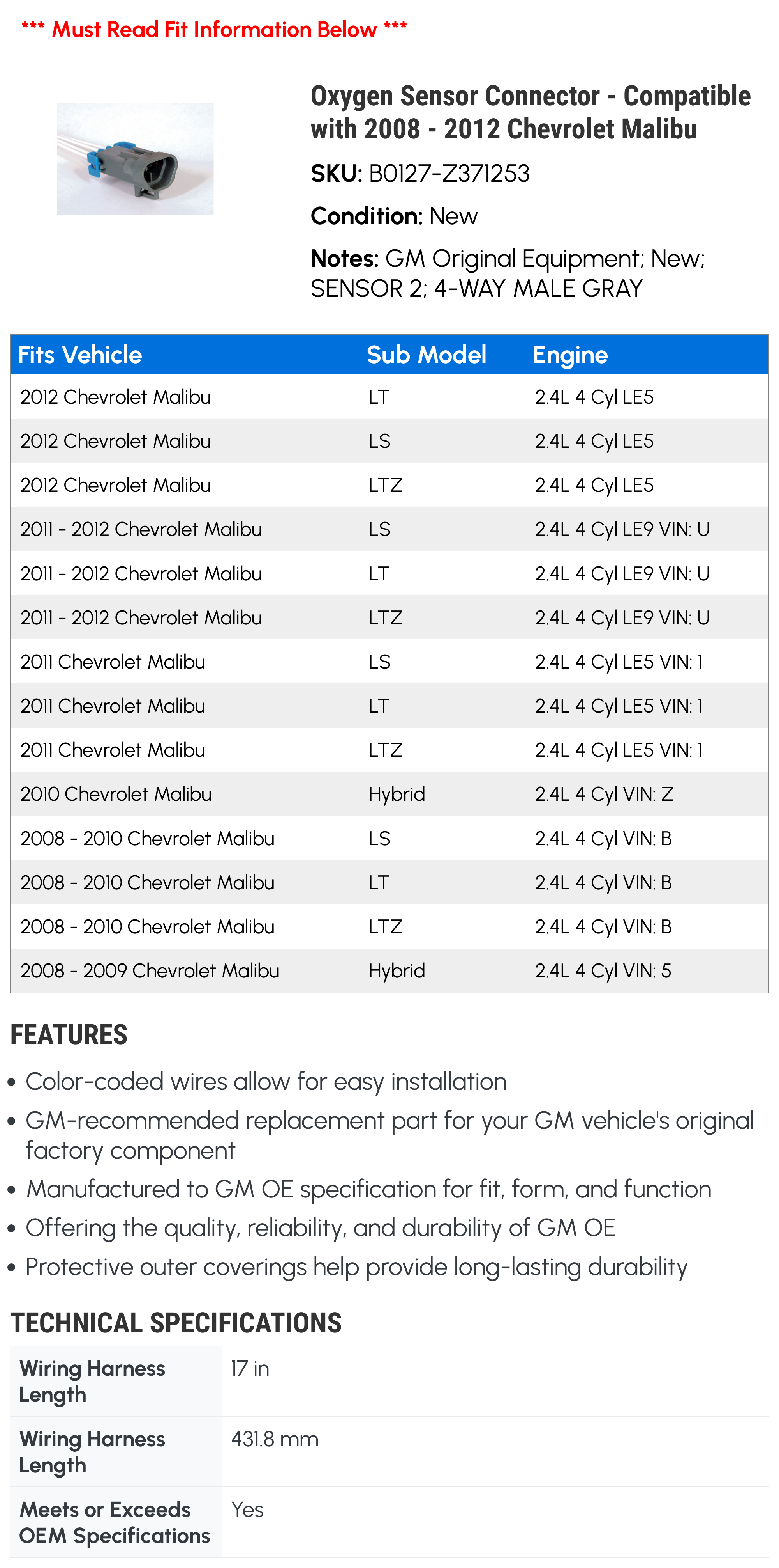 Oxygen Sensor Connector for 2008-2012 Chevy Malibu Y339