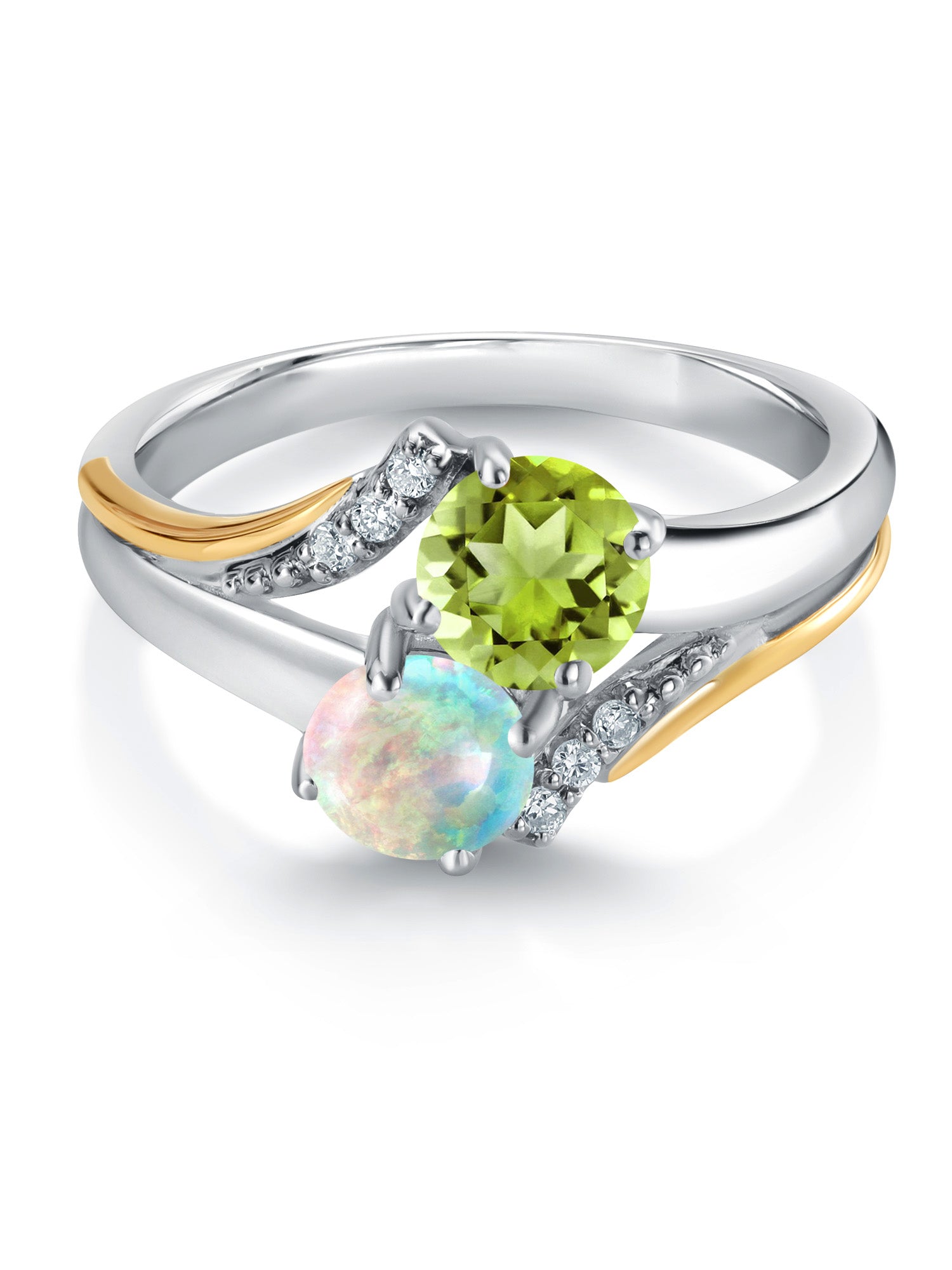 10K Yellow Gold and 925 Silver Engagement Ring with White Opal, Green Peridot, and White Lab Grown Diamond Accent A2119