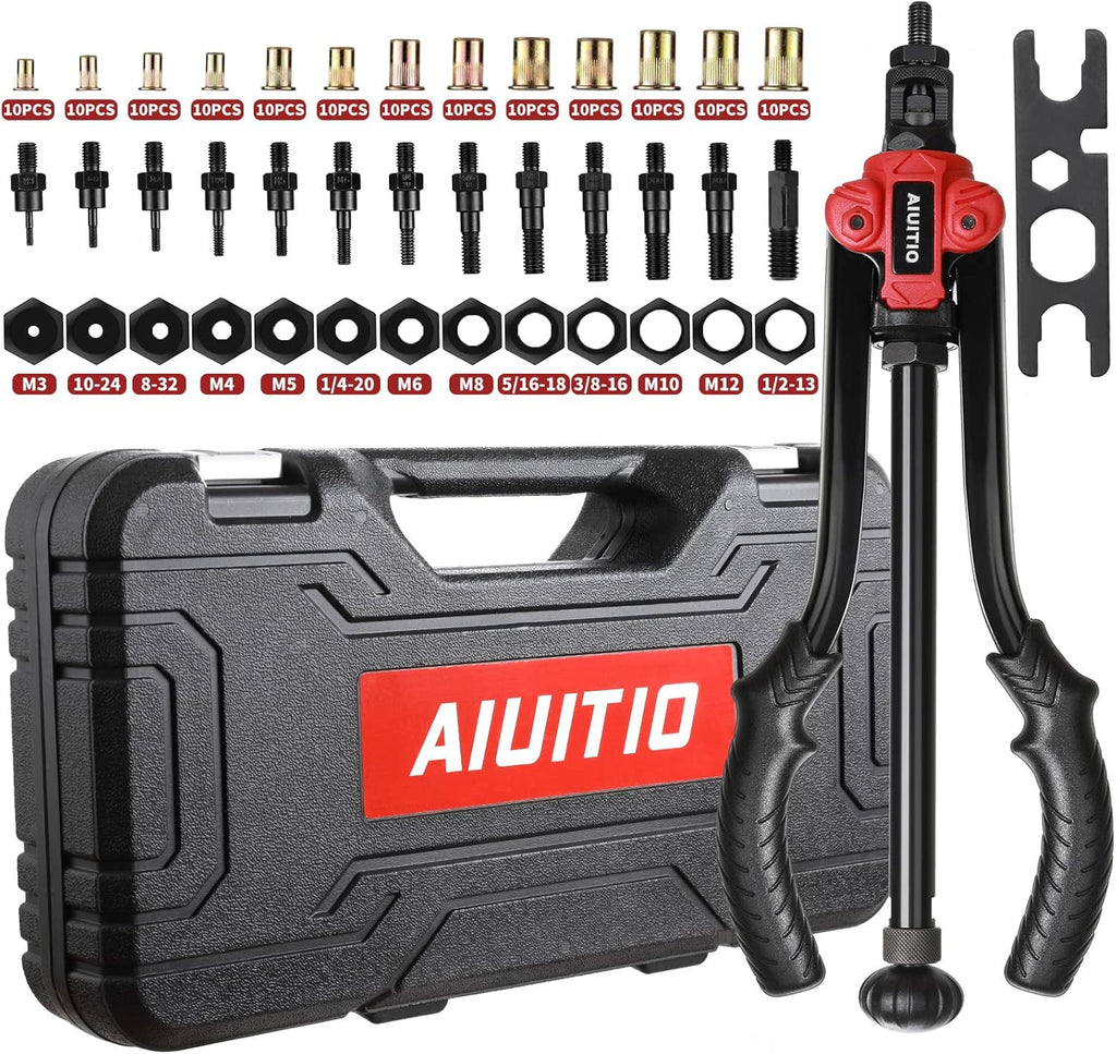 14'' Rivet Nut Tool Set Kit with 13PCS Metric & Inch Mandrels, 130PCS Rivet Nuts, Plastic Case A698479