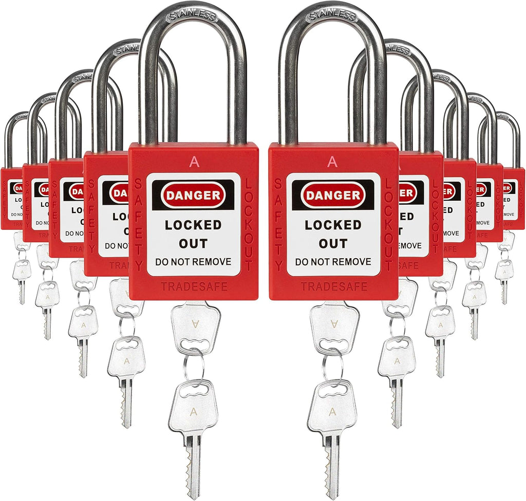 Red Keyed Alike Padlocks, 10 Pack, Stainless Steel Shackle F706295