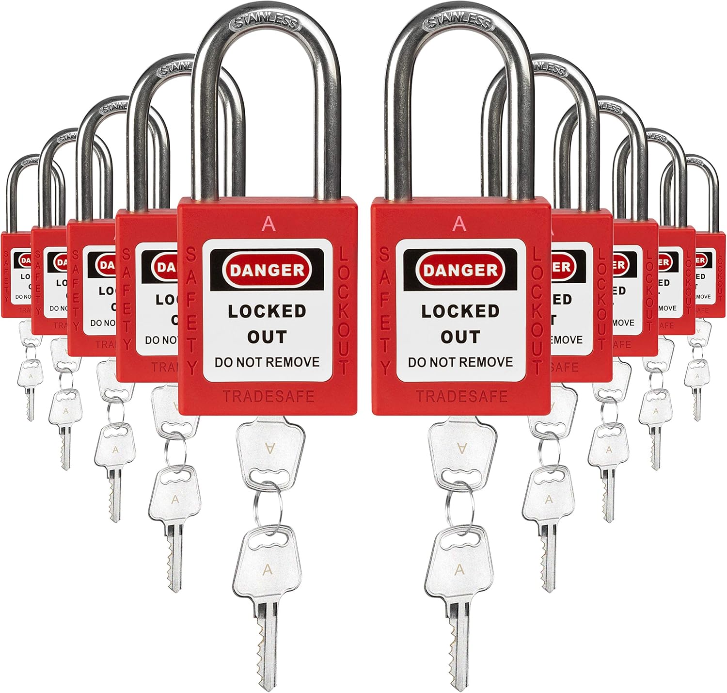 Red Keyed Alike Padlocks, 10 Pack, Stainless Steel Shackle F706295