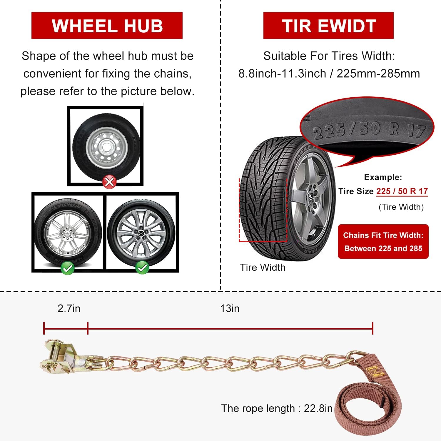12 pcs Tire Chains for Cars with Adjustable Lock Z349