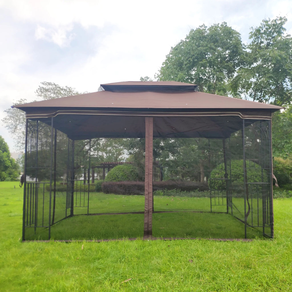 Brown Top Outdoor Patio Gazebo Canopy Tent With Ventilated Double Roof And Mosquito Net E5213