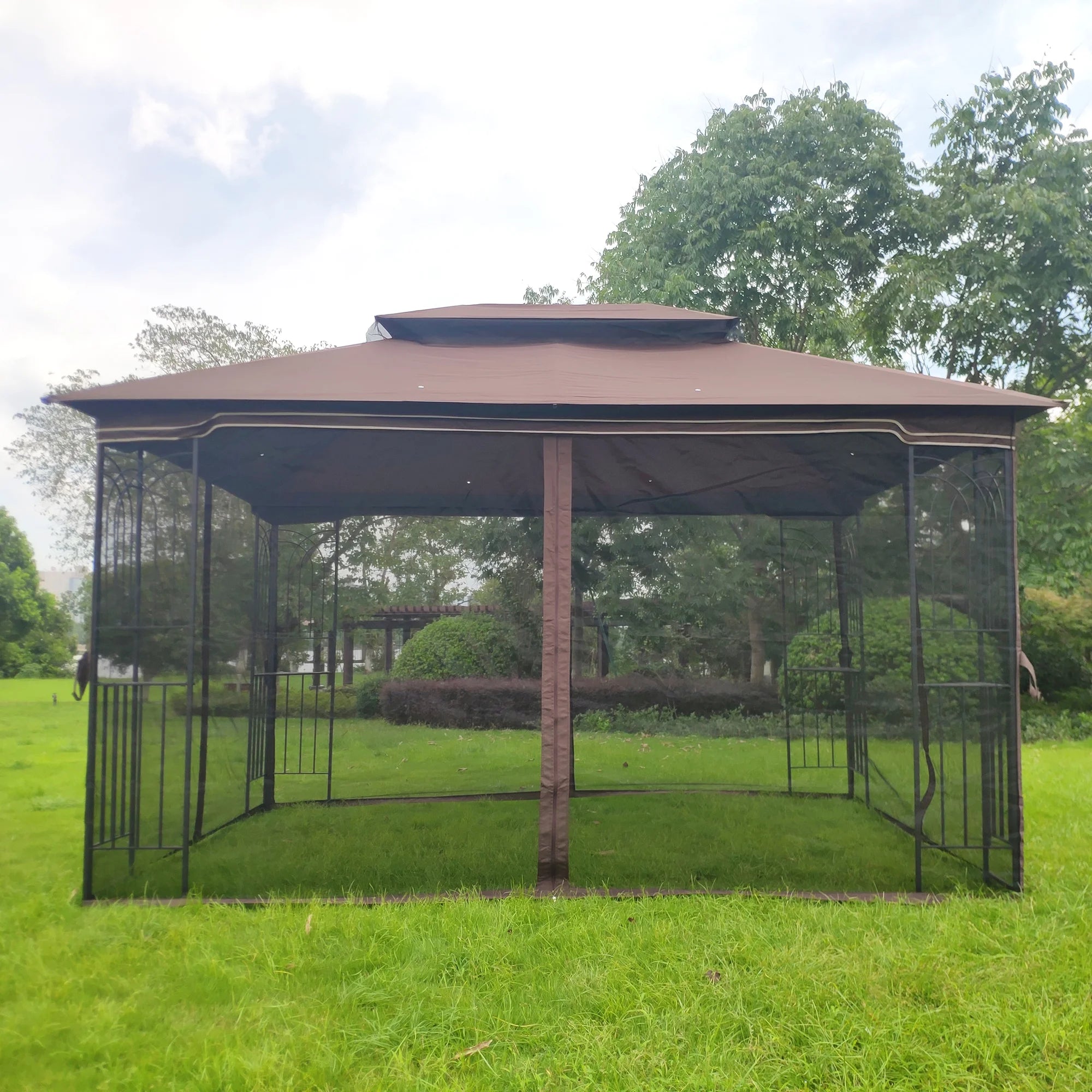 Brown Top Outdoor Patio Gazebo Canopy Tent With Ventilated Double Roof And Mosquito Net E5213