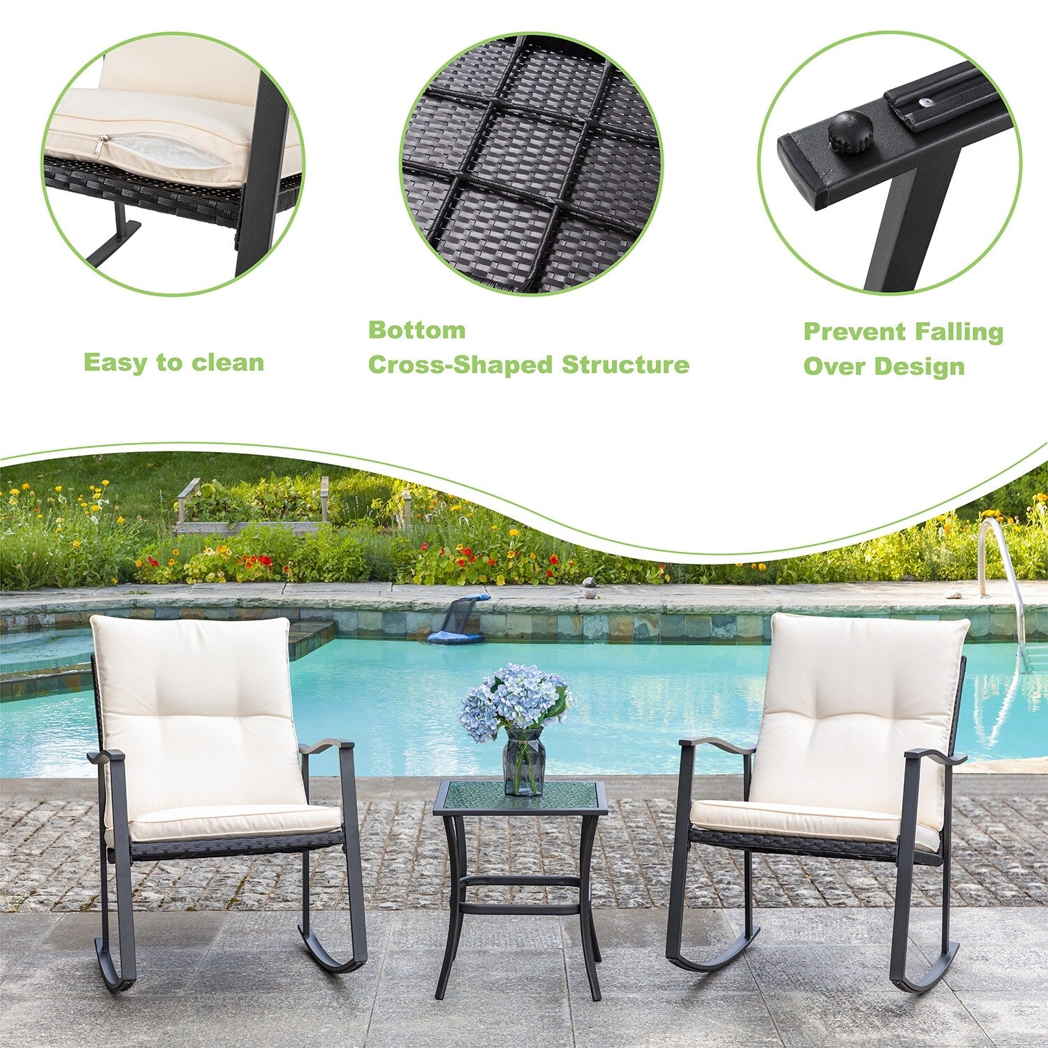 3 Piece Beige Outdoor Rocking Chair Set J21079