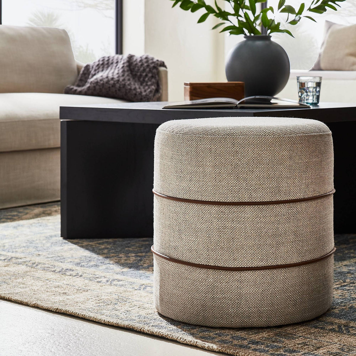 Cream Round Ottoman with Leather Piping D134660