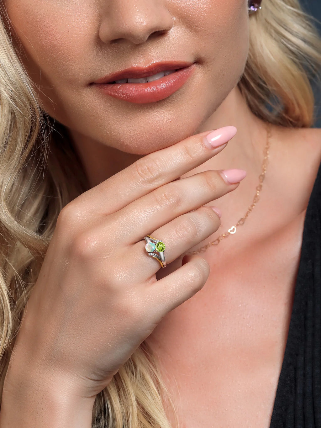 10K Yellow Gold and 925 Silver Engagement Ring with White Opal, Green Peridot, and White Lab Grown Diamond Accent A2119